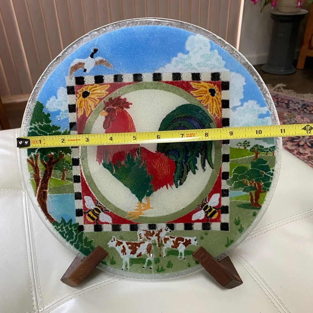 Peggy Karr rooster farmhouse fused glass plate 2000